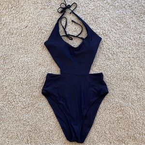 Aerie One Piece Bathing Suit Large‎ Navy Blue Cutouts Halter Padded